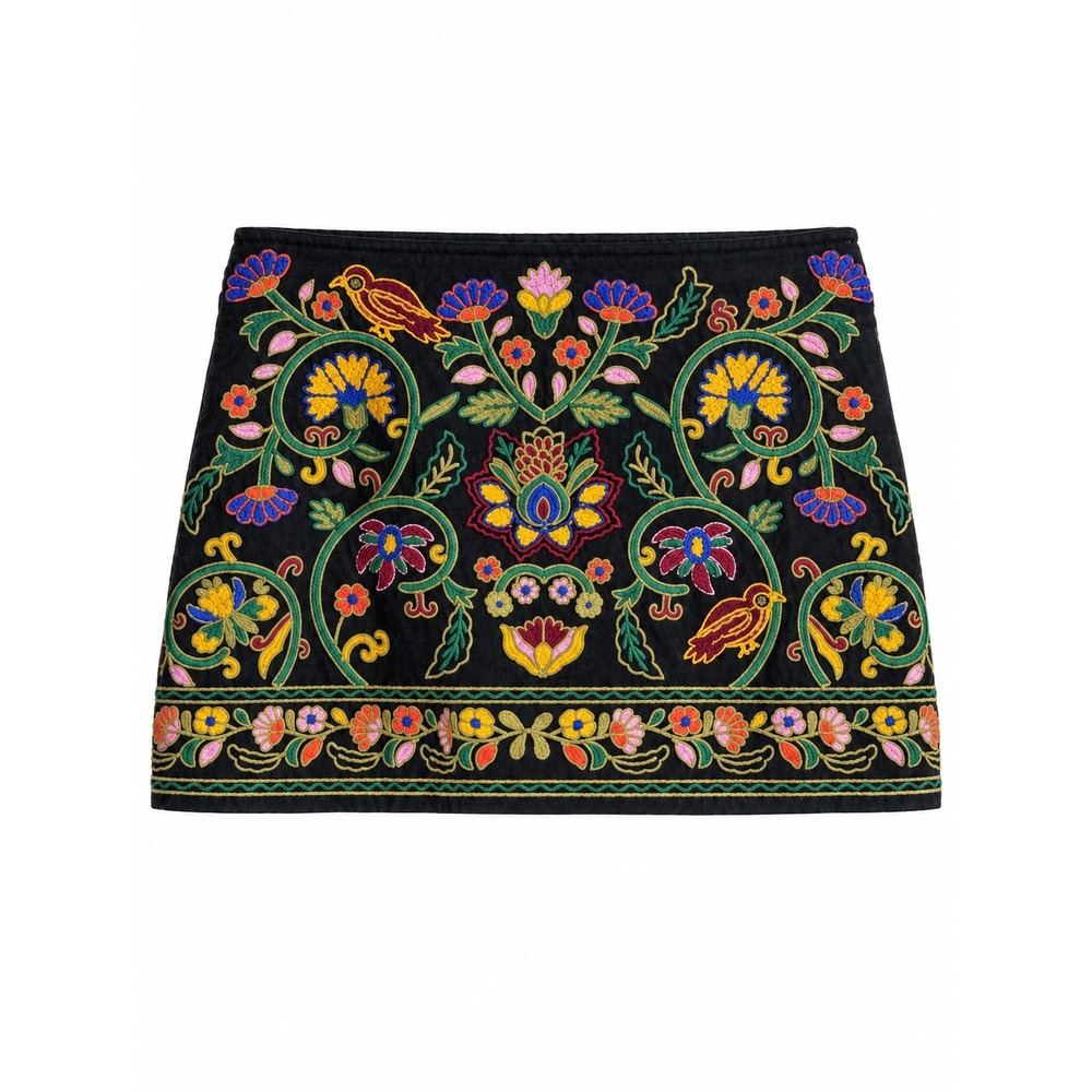 Zara Woman Size 2 Embroidered Floral Bird Mini Skirt Black Boho - Picture 3 of 6